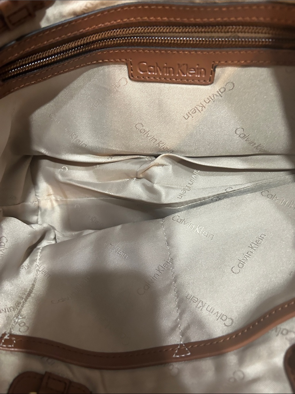 Calvin Klein Navy Tote with Brown Leather Handles & Gold Hardware - Picture 3 of 7